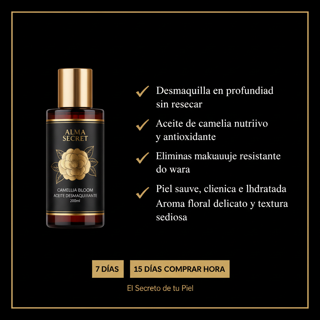 Infografía beneficios Alma Secret Camellia Bloom Aceite Desmaquillante