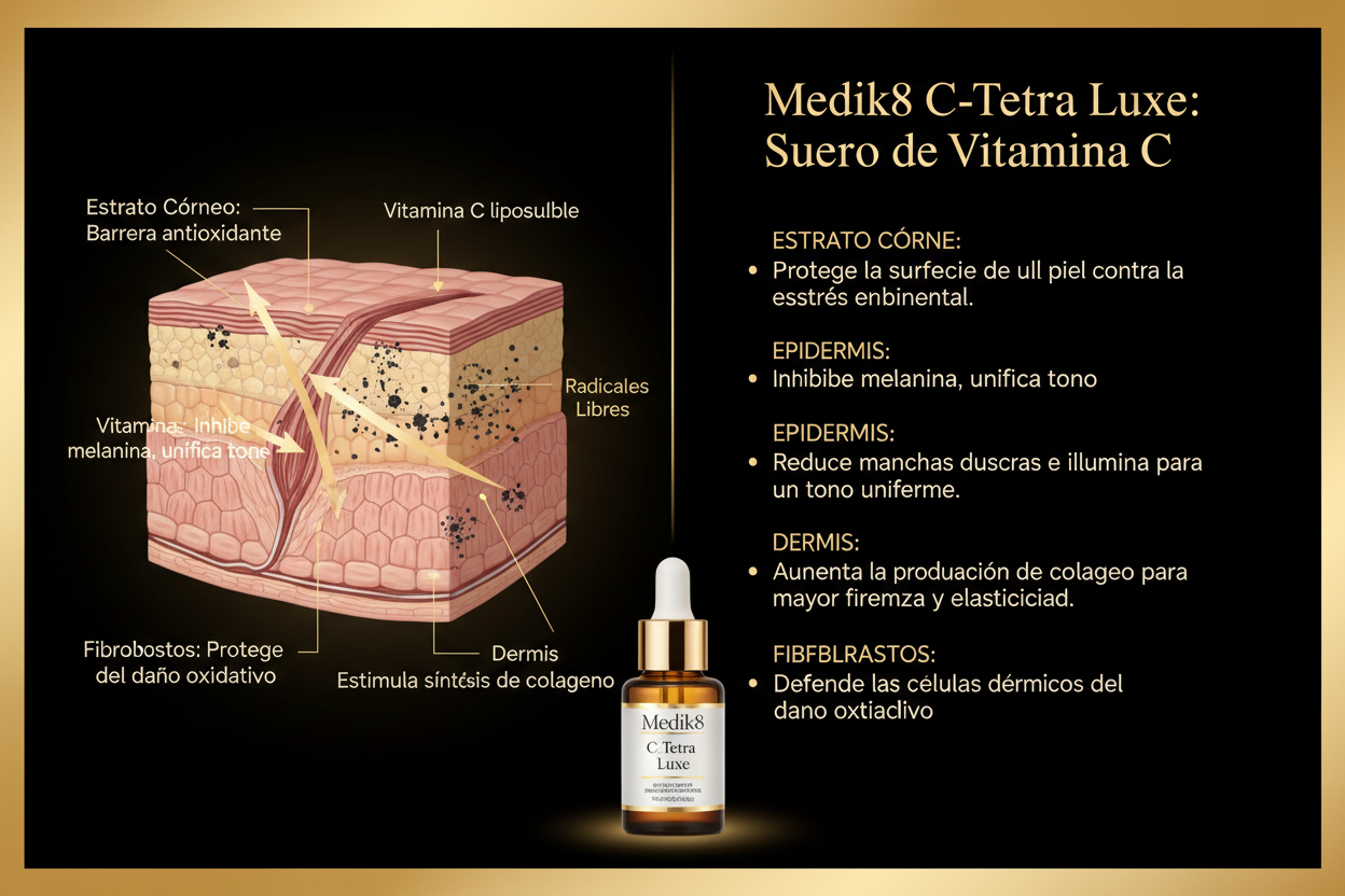 Infografía científica Medik8 C-Tetra Luxe - acción Vitamina C en capas de la piel