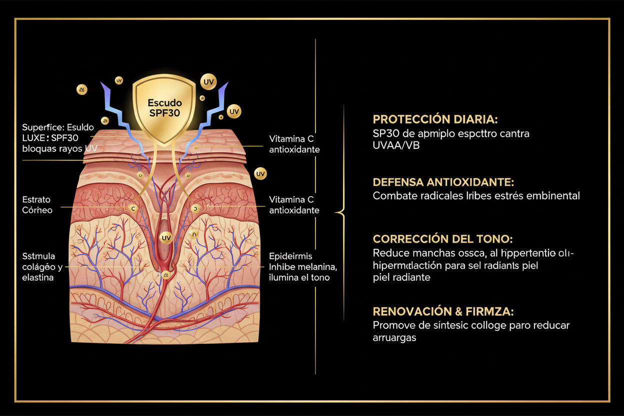 Infografía científica Medik8 Daily Radiance SPF30 - acción UV y Vitamina C en la piel