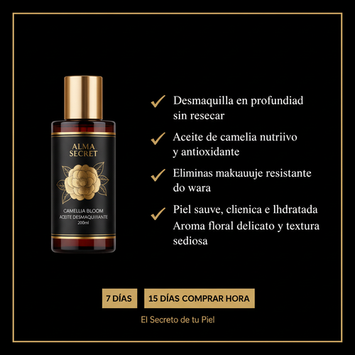 Infografía beneficios Alma Secret Camellia Bloom Aceite Desmaquillante