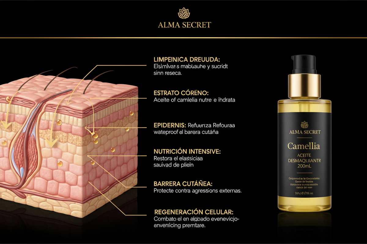 Infografía científica Alma Secret Camellia Bloom Aceite Desmaquillante